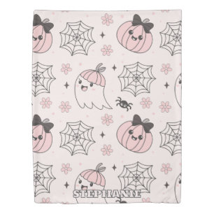 Kawaii Pink Halloween Pattern with Ghost, Pumpkin Duvet Cover