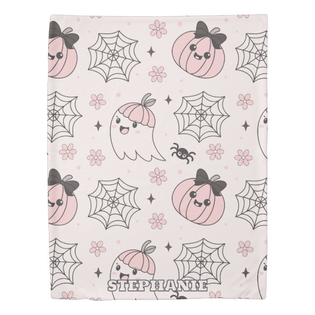 Kawaii Pink Halloween Pattern with Ghost, Pumpkin  Duvet Cover (Front)