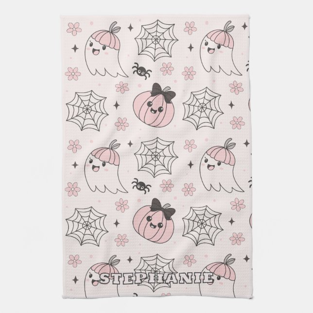 Kawaii Pink Halloween Pattern with Ghost, Pumpkin  Kitchen Towel (Vertical)