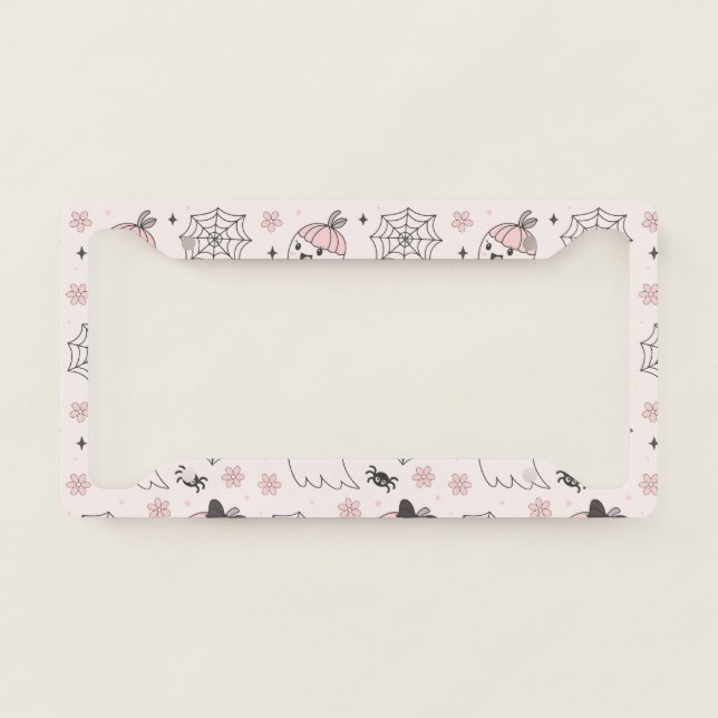 Kawaii Pink Halloween Pattern with Ghost, Pumpkin  License Plate Frame (Front)