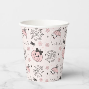 Kawaii Pink Halloween Pattern with Ghost, Pumpkin  Paper Cups