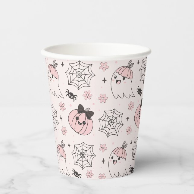 Kawaii Pink Halloween Pattern with Ghost, Pumpkin  Paper Cups (Front)