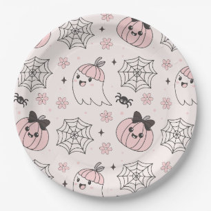 Kawaii Pink Halloween Pattern with Ghost, Pumpkin  Paper Plates