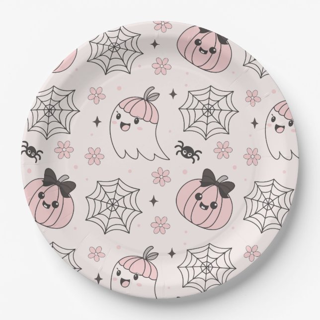 Kawaii Pink Halloween Pattern with Ghost, Pumpkin  Paper Plates (Front)