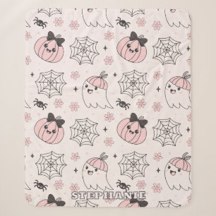 Kawaii Pink Halloween Pattern with Ghost, Pumpkin  Sherpa Blanket