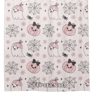 Kawaii Pink Halloween Pattern with Ghost, Pumpkin Shower Curtain