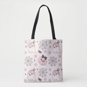 Kawaii Pink Halloween Pattern with Ghost, Pumpkin  Tote Bag