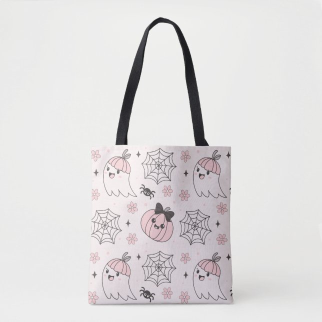 Kawaii Pink Halloween Pattern with Ghost, Pumpkin  Tote Bag (Front)