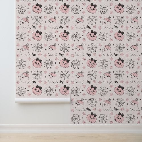 Kawaii Pink Halloween Pattern with Ghost, Pumpkin  Wallpaper