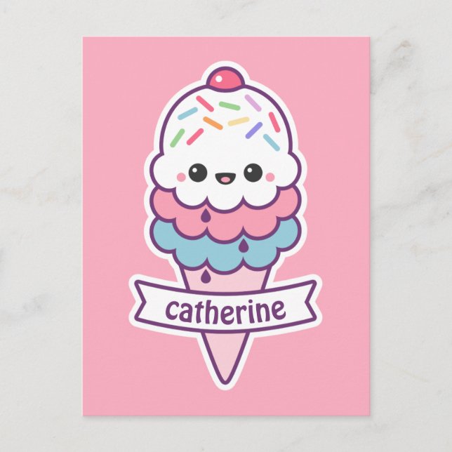 Kawaii Pink Ice Cream Cone Postcard (Front)