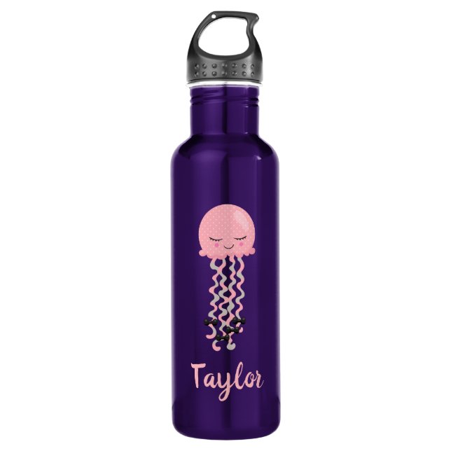 Kawaii Pink Jellyfish Purple Water Bottle (Front)