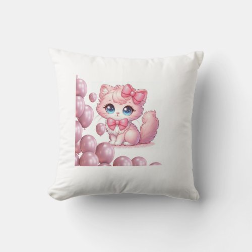 Kawaii Pink Kitten Pillow with Bows and Balloons –