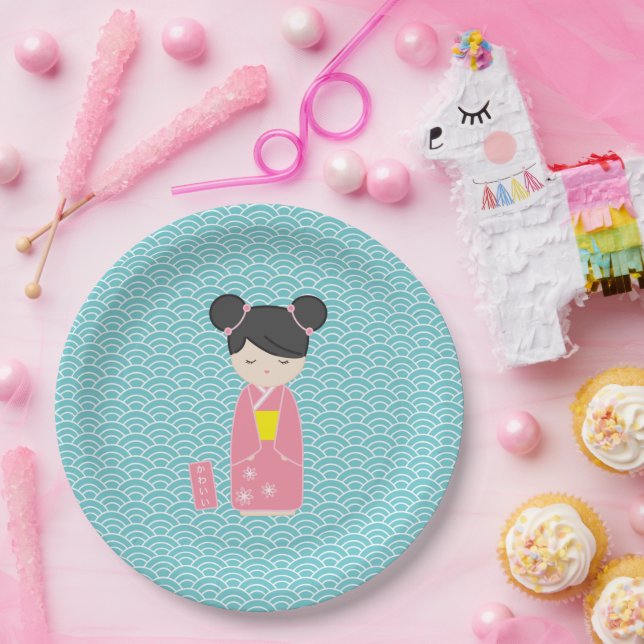 Kawaii Pink Kokeshi Paper Plates (Party)