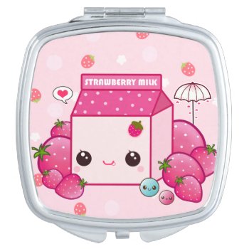 Kawaii Pink Milk Carton With Cute Strawberries Vanity Mirror by Chibibunny at Zazzle