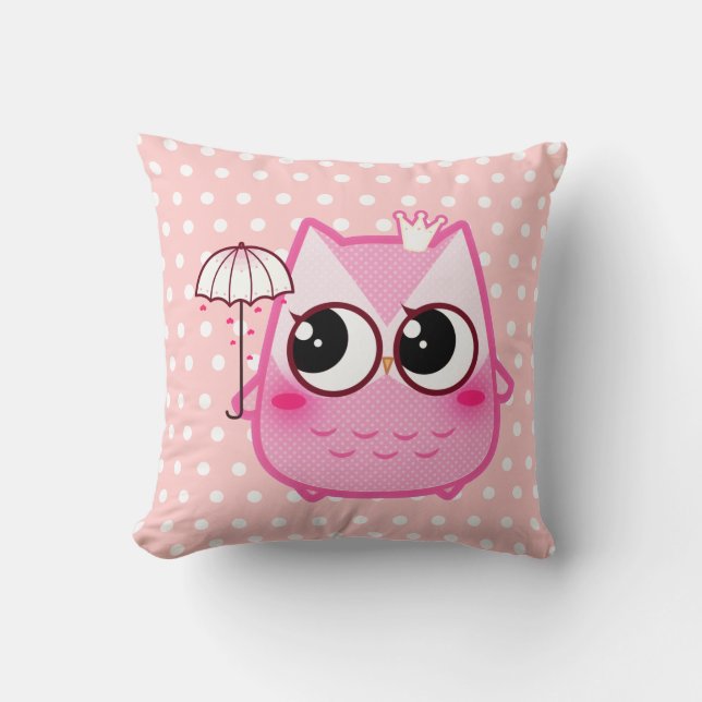 Kawaii pink owl with cute umbrella throw pillow (Front)