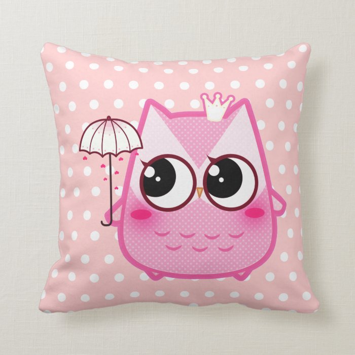 Kawaii pink owl with cute umbrella throw pillows
