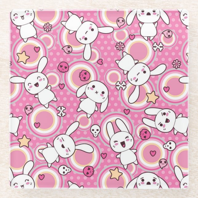 kawaii pink pattern glass coaster (Front)