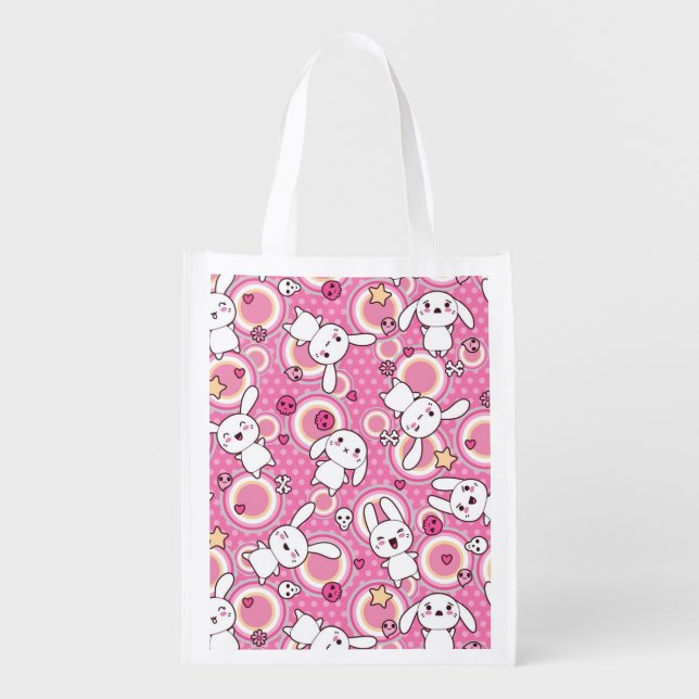 kawaii pink pattern reusable grocery bag (Front)