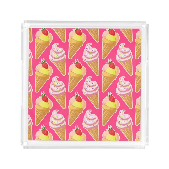 Kawaii pink pattern with strawberry ice cream  acrylic tray (Front)