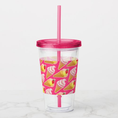 Kawaii pink pattern with strawberry ice cream  acrylic tumbler