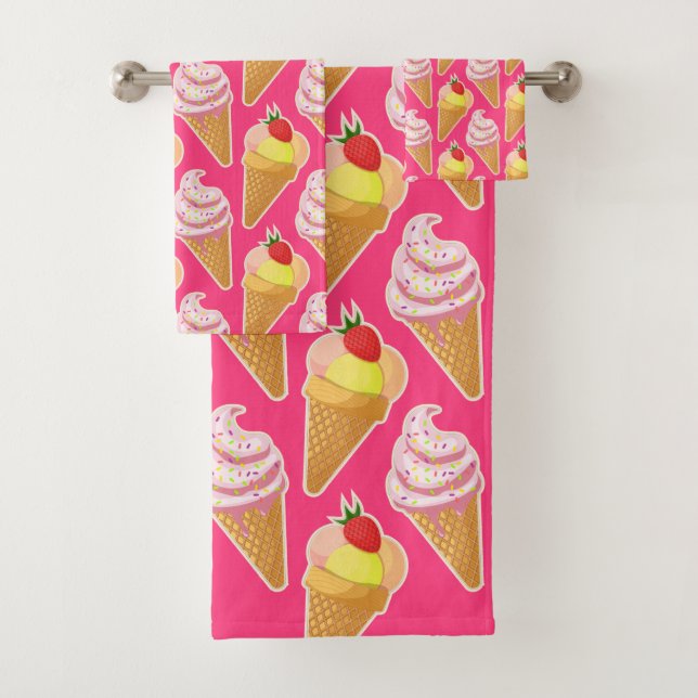 Kawaii pink pattern with strawberry ice cream bath towel set (Insitu)