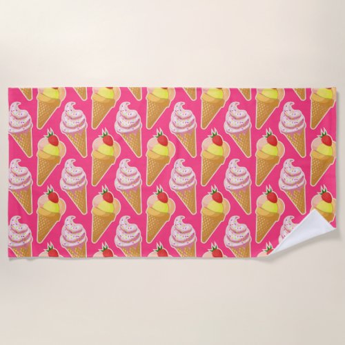 Kawaii pink pattern with strawberry ice cream beach towel