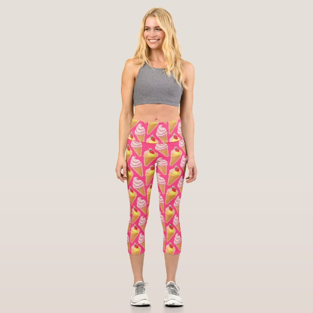 Kawaii pink pattern with strawberry ice cream capri leggings (Front)