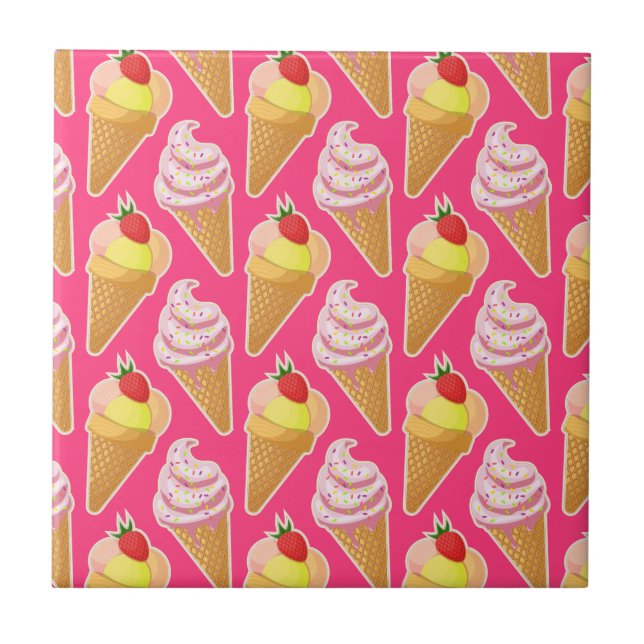 Kawaii pink pattern with strawberry ice cream  ceramic tile (Front)