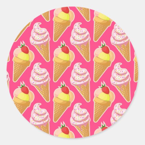 Kawaii pink pattern with strawberry ice cream  classic round sticker