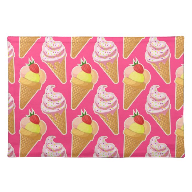 Kawaii pink pattern with strawberry ice cream  cloth placemat (Front)
