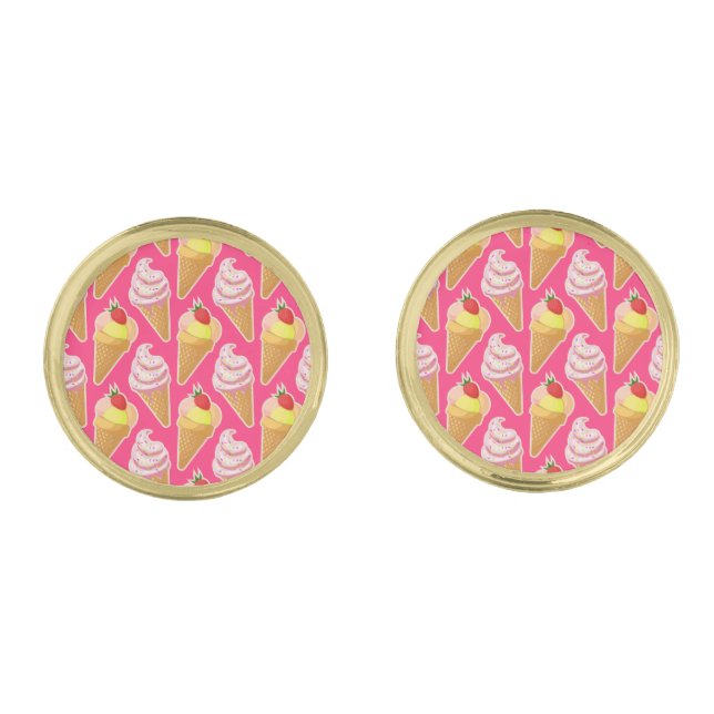 Kawaii pink pattern with strawberry ice cream  cufflinks (Front)