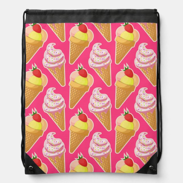 Kawaii pink pattern with strawberry ice cream  drawstring bag (Front)