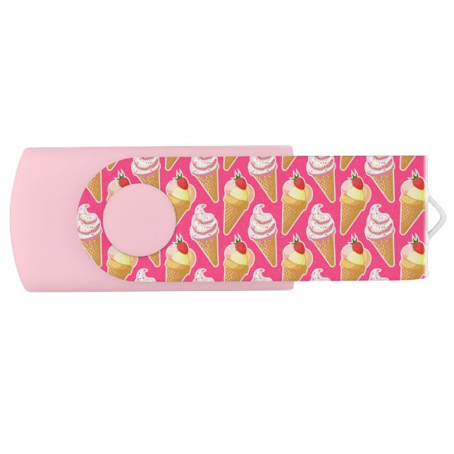 Kawaii pink pattern with strawberry ice cream flash drive (Front)
