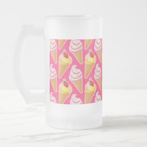 Kawaii pink pattern with strawberry ice cream  frosted glass beer mug