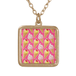 Kawaii pink pattern with strawberry ice cream gold plated necklace