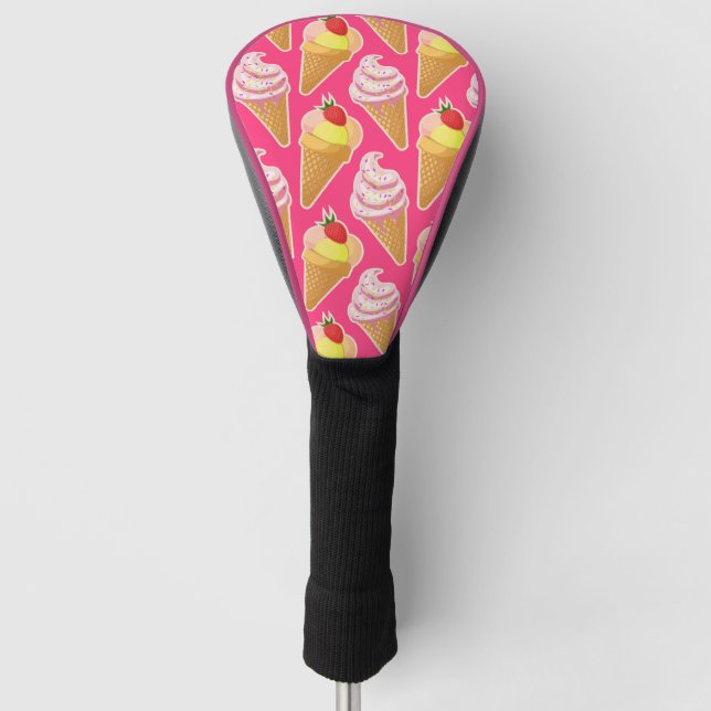 Kawaii pink pattern with strawberry ice cream  golf head cover (Front)