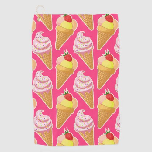 Kawaii pink pattern with strawberry ice cream golf towel