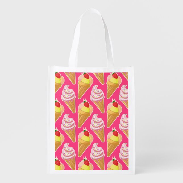 Kawaii pink pattern with strawberry ice cream  grocery bag (Front)