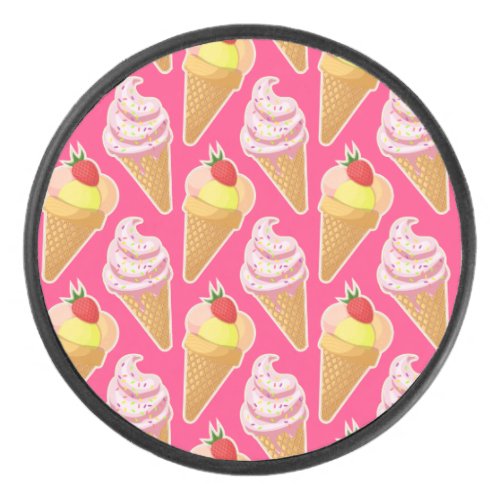 Kawaii pink pattern with strawberry ice cream hockey puck