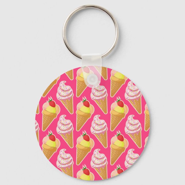 Kawaii pink pattern with strawberry ice cream  keychain (Front)