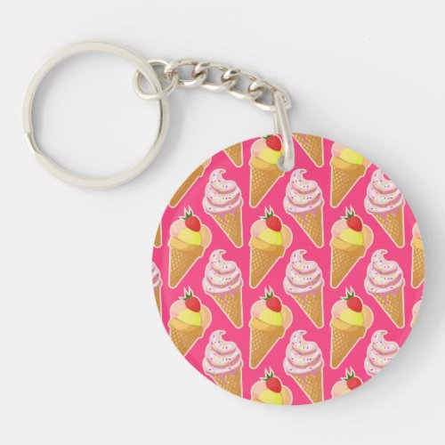 Kawaii pink pattern with strawberry ice cream  keychain