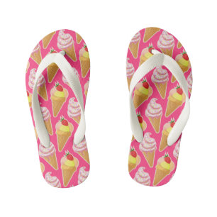 Kawaii pink pattern with strawberry ice cream kid's flip flops