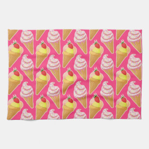 Kawaii pink pattern with strawberry ice cream kitchen towel
