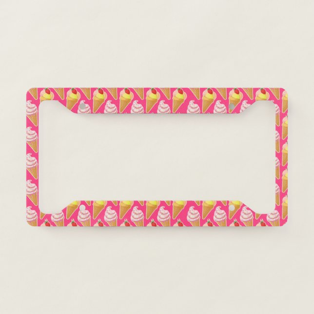 Kawaii pink pattern with strawberry ice cream license plate frame (Front)