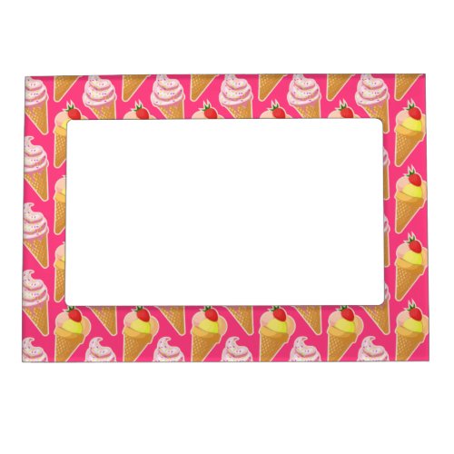 Kawaii pink pattern with strawberry ice cream  magnetic frame