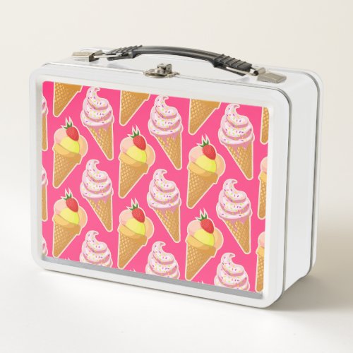 Kawaii pink pattern with strawberry ice cream  metal lunch box