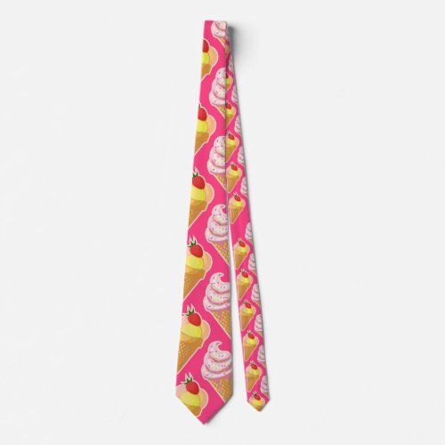 Kawaii pink pattern with strawberry ice cream neck tie