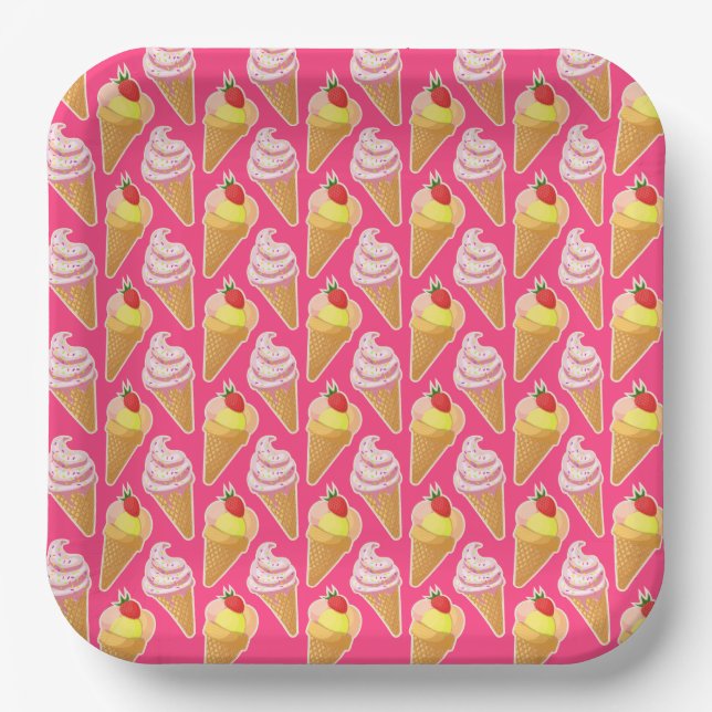 Kawaii pink pattern with strawberry ice cream  paper plates (Front)