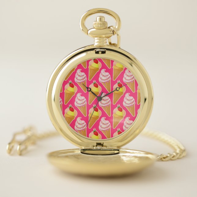 Kawaii pink pattern with strawberry ice cream  pocket watch (Inside)
