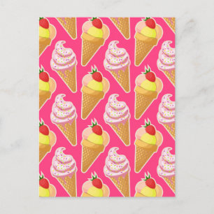 Kawaii pink pattern with strawberry ice cream postcard